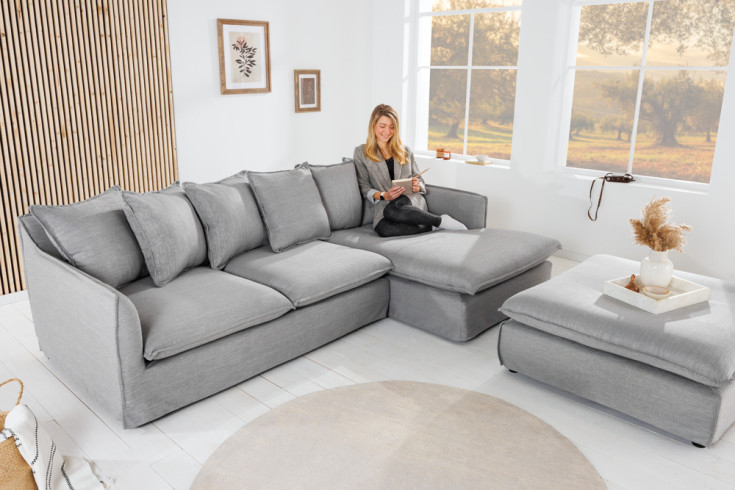 Großes Ecksofa HEAVEN 255cm grau Leinenstoff Federkern inkl. Kissen