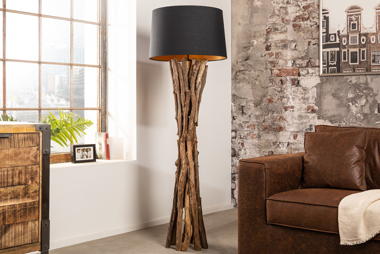 Massivholz Stehlampe HARMONY NATURE 151cm schwarz Teak mit Baumwollschirm